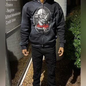 Men's Black Zip-Up Hoodie Sweater with Graphic